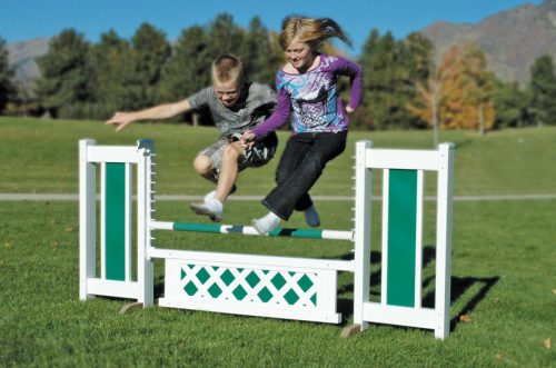 color panel with lattice gate in green with 2 children jumping