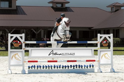 training flower boxes with arena supplies graphic panels and gate. horse jumping over complete jump